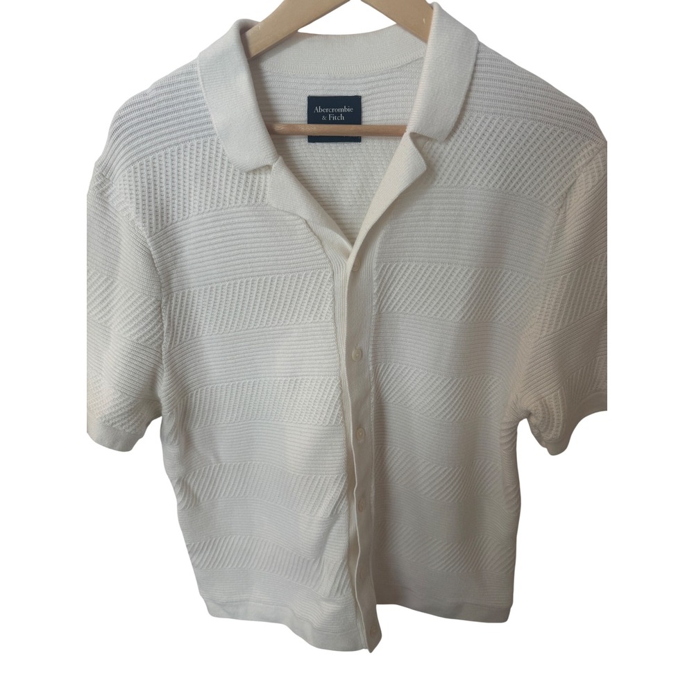 Abercrombie & Fitch Mens Large White Textured Knit Button Up Sweater Polo Shirt